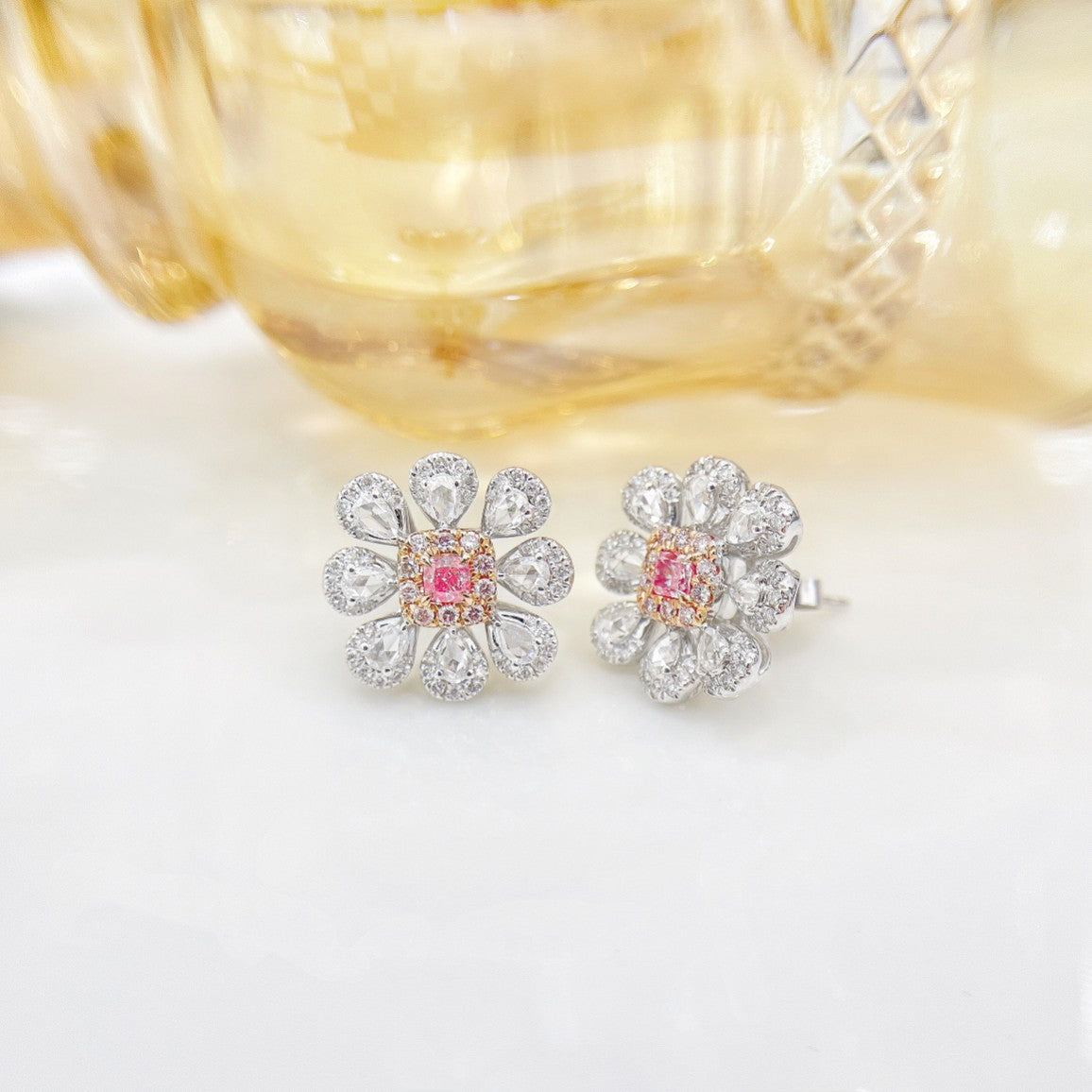 18K Pink Diamond Cushion Rose Drop Earrings - Luxury Jewelry - Jeweler.Jewelry