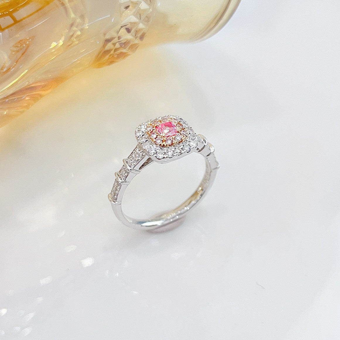 18K Pink Diamond Cushion Shape Double Shank Ring | Premium Jewelry - Pink Diamond Ring