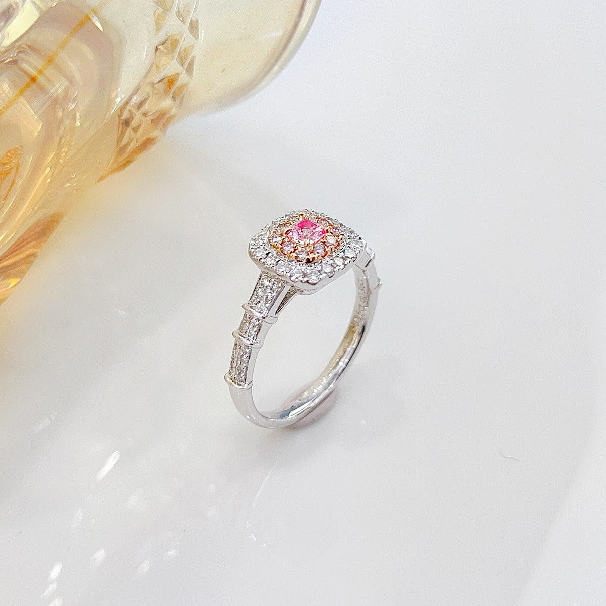 18K Pink Diamond Cushion Shape Double Shank Ring | Premium Jewelry - Pink Diamond Ring