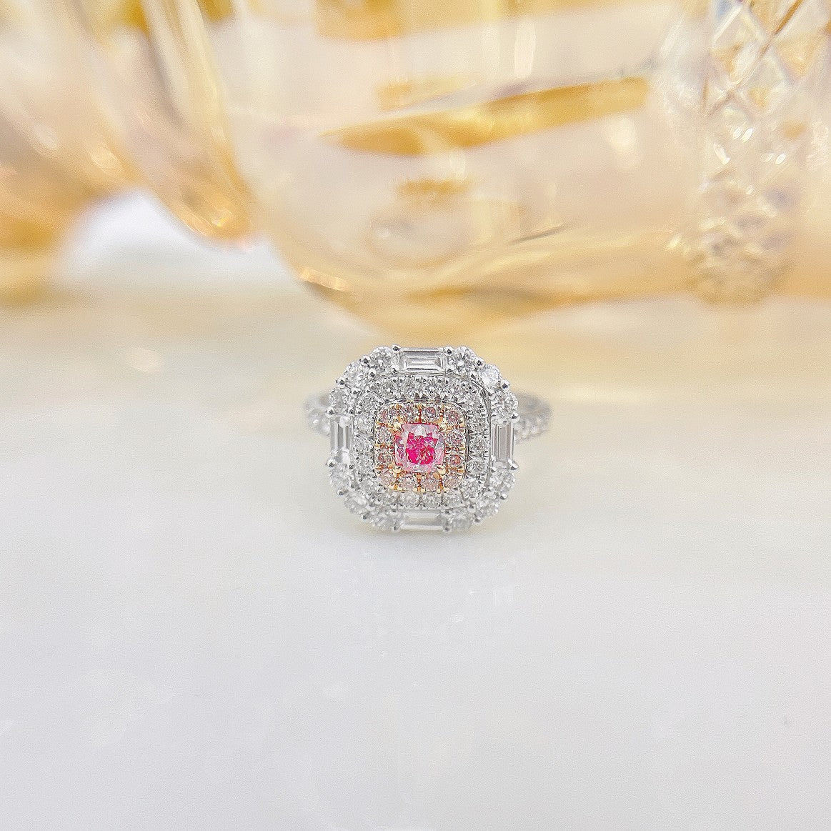 18K Pink Diamond Cushion Shape Halo Ring - Premium Jewelry - Pink Diamond Ring