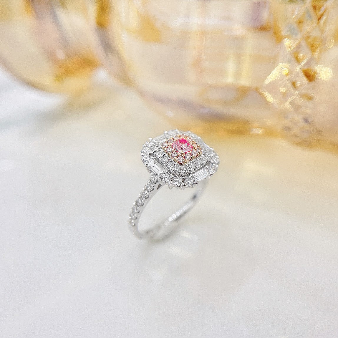 18K Pink Diamond Cushion Shape Halo Ring - Premium Jewelry - Pink Diamond Ring