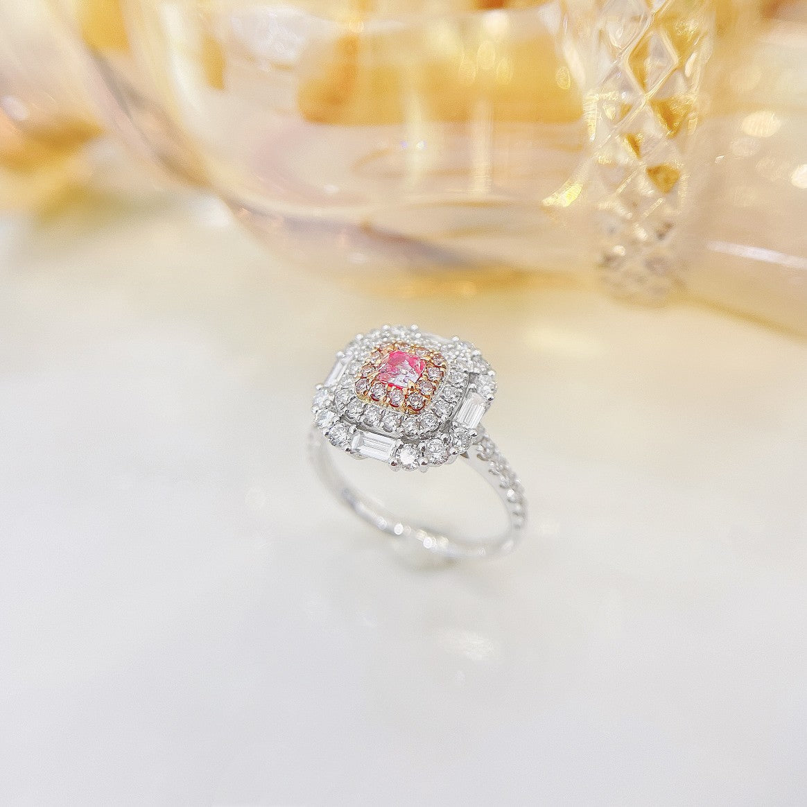 18K Pink Diamond Cushion Shape Halo Ring - Premium Jewelry - Pink Diamond Ring