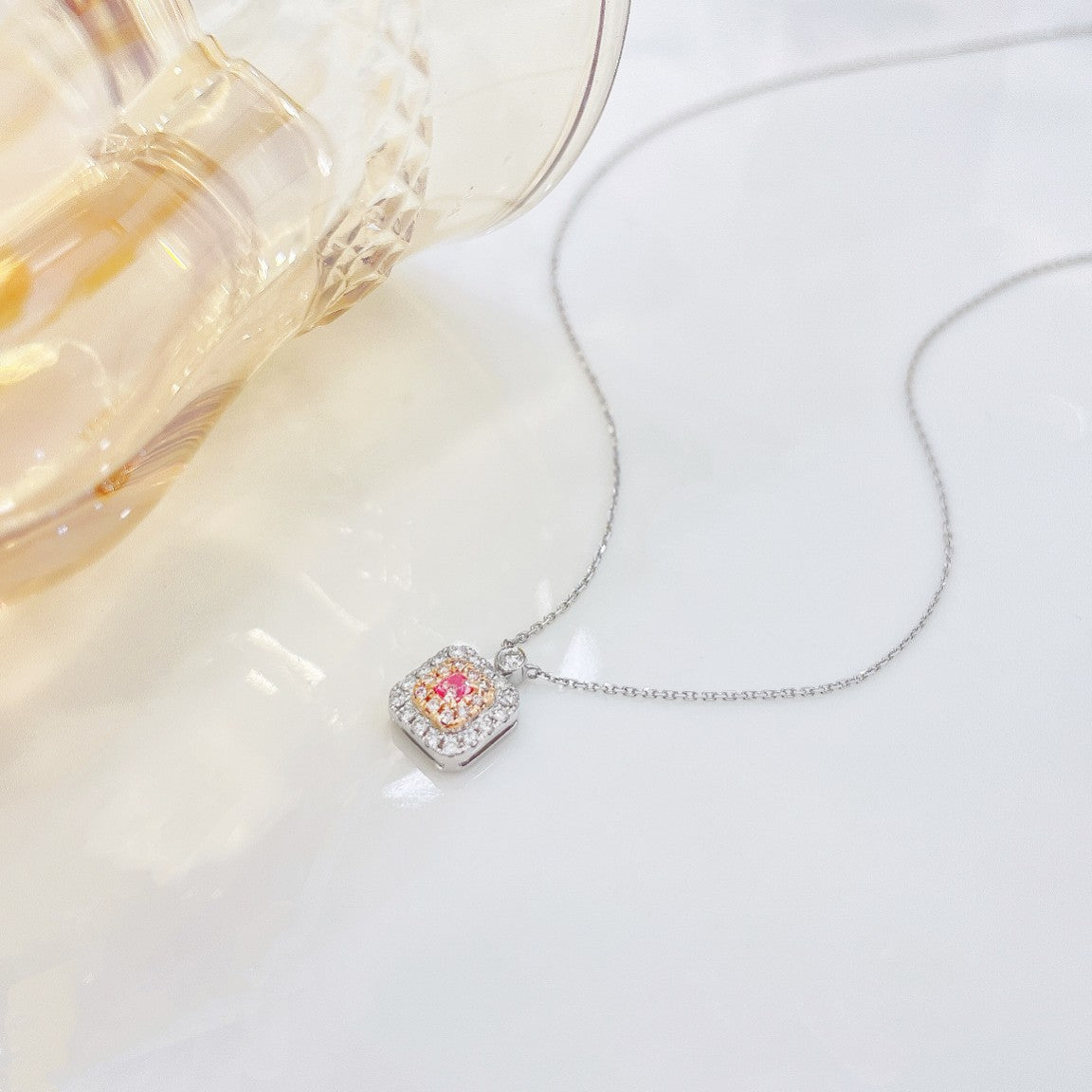 18K Pink Diamond Cushion Shape Minimalist Bubble Necklace - Pink Diamond Necklace