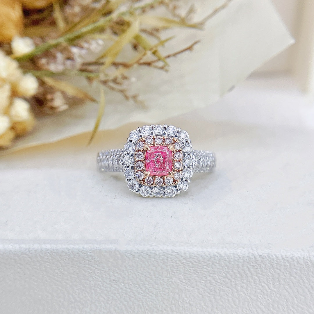 18K Pink Diamond Cushion Shape Three-Row Adjustable Ring - Jewelry Gem - Pink Diamond Ring