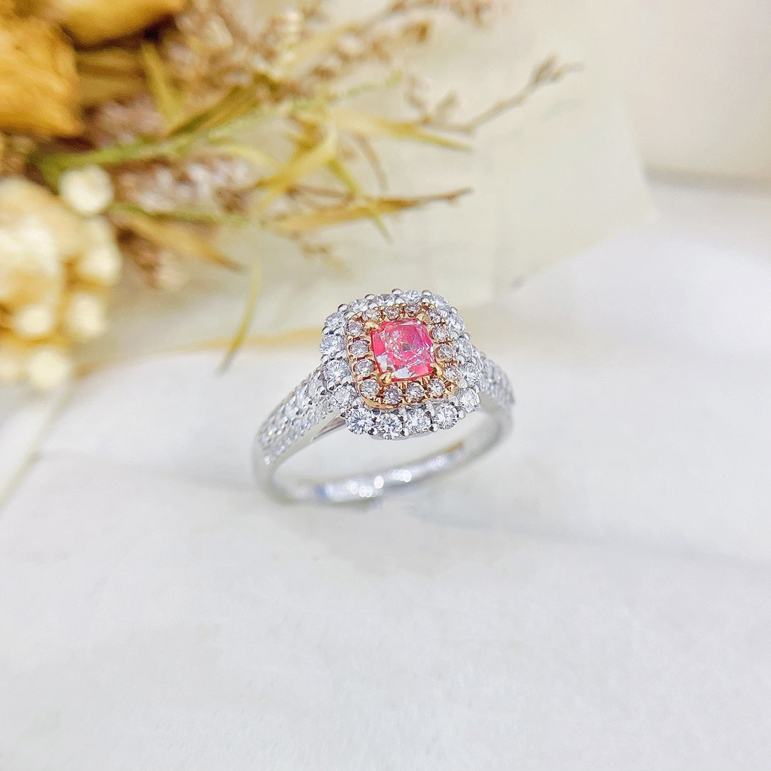 18K Pink Diamond Cushion Shape Three-Row Adjustable Ring - Jewelry Gem - Pink Diamond Ring