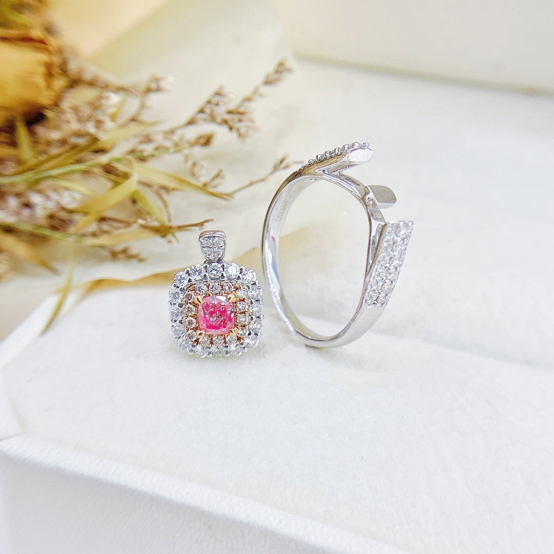 18K Pink Diamond Cushion Shape Three-Row Adjustable Ring - Jewelry Gem - Pink Diamond Ring