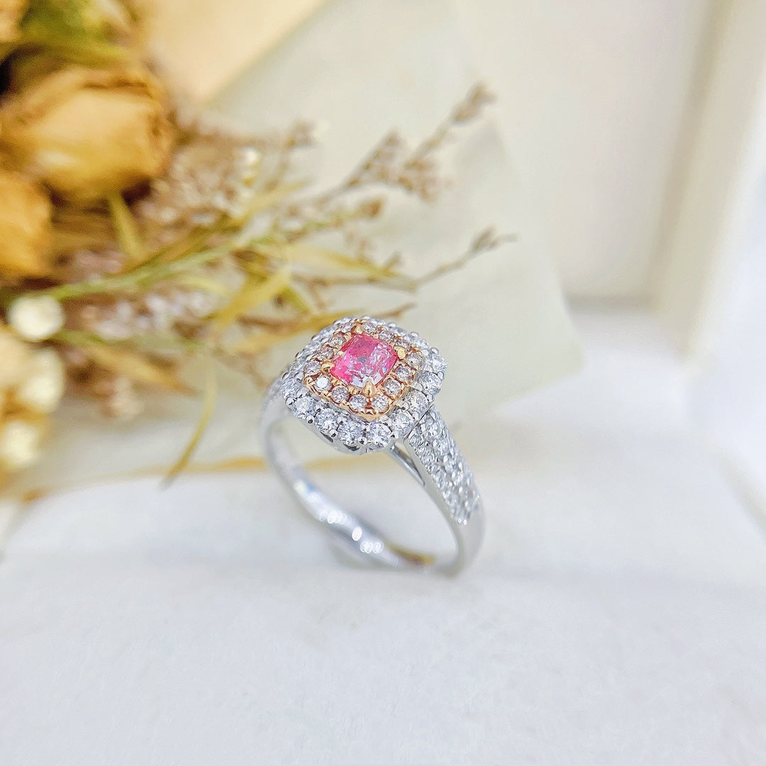 18K Pink Diamond Cushion Shape Three-Row Adjustable Ring - Jewelry Gem - Pink Diamond Ring