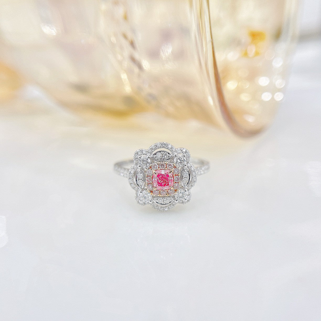 18K Pink Diamond Cushion-Shaped Double Halo Flower Ring - Luxury Jewelry - Pink Diamond Ring