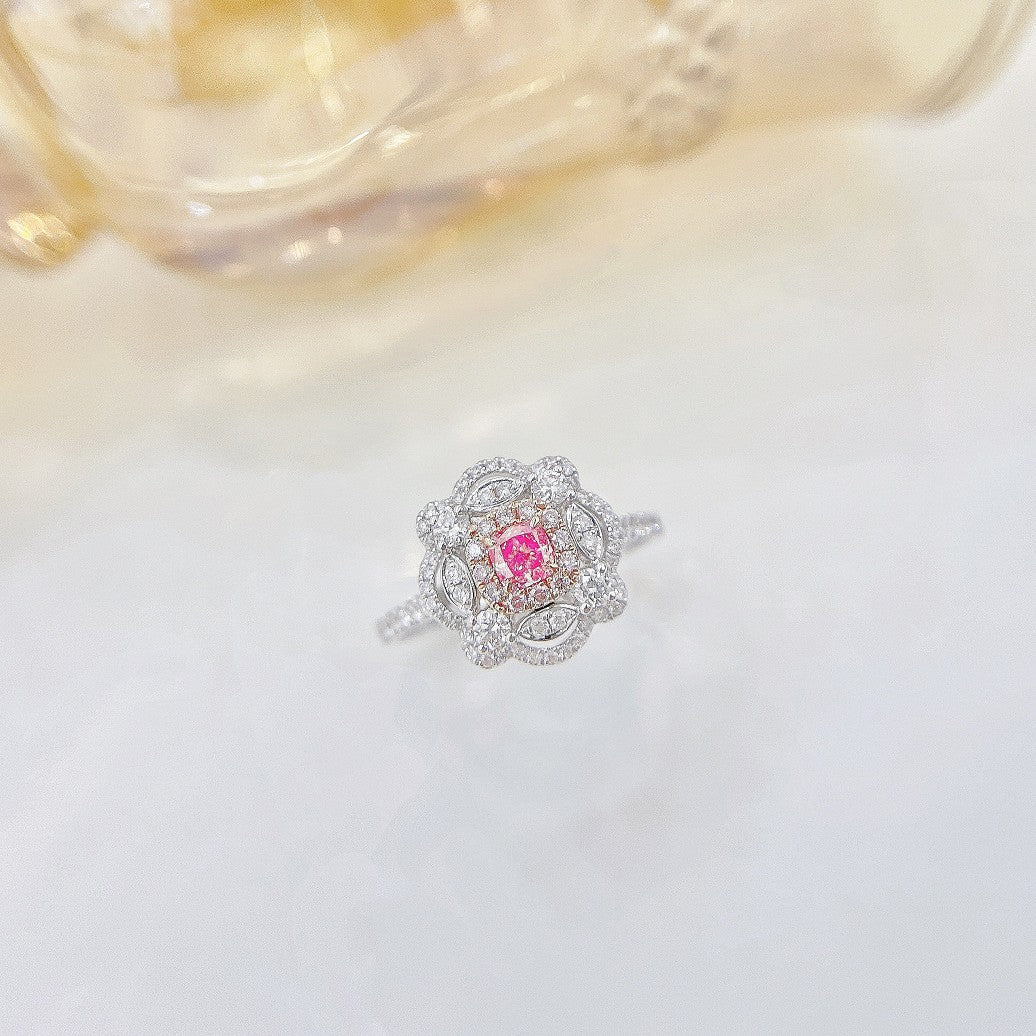 18K Pink Diamond Cushion-Shaped Double Halo Flower Ring - Luxury Jewelry - Pink Diamond Ring