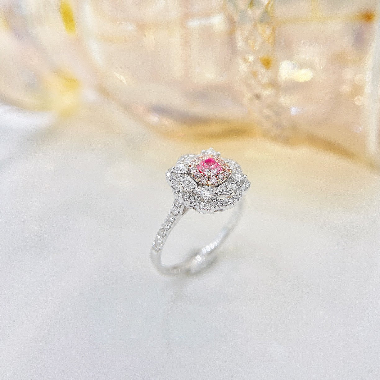 18K Pink Diamond Cushion-Shaped Double Halo Flower Ring - Luxury Jewelry - Pink Diamond Ring