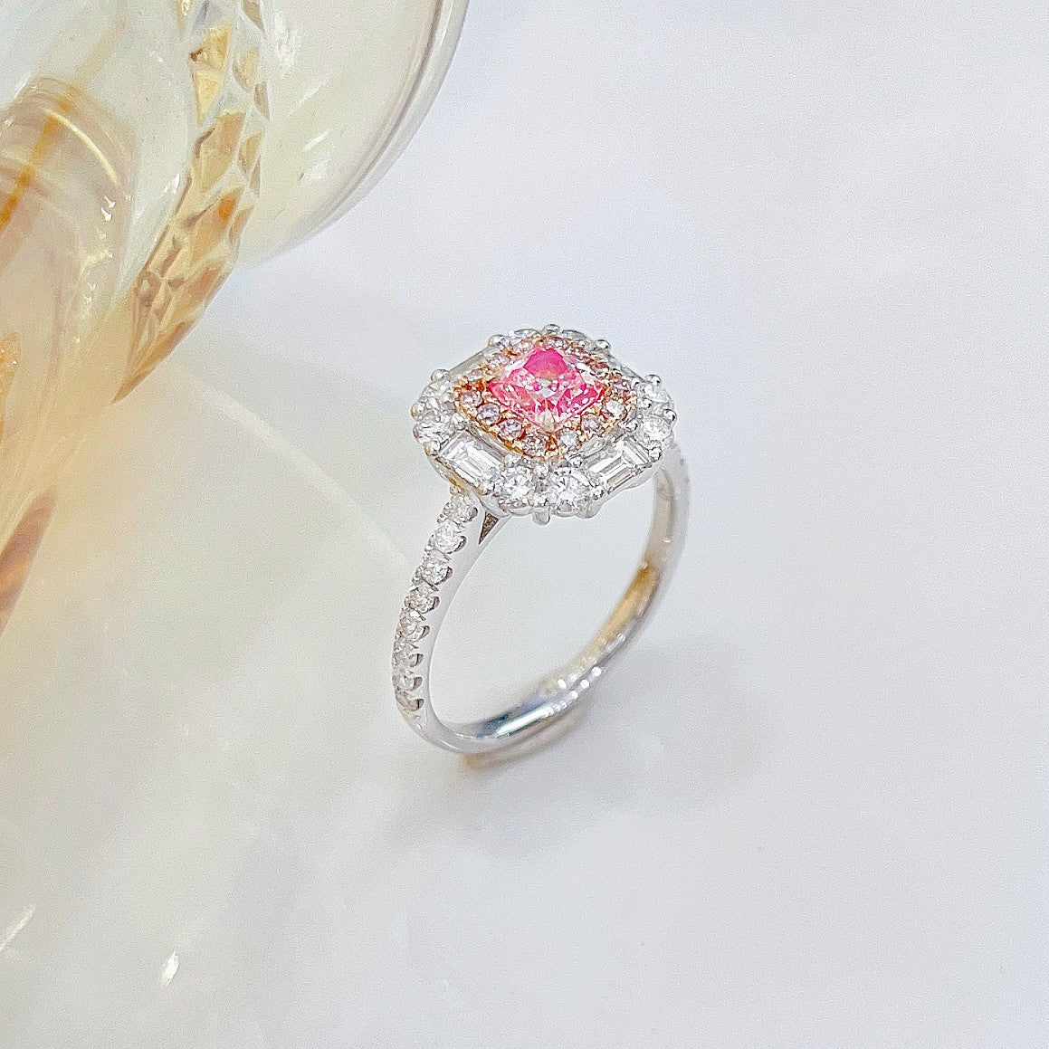 18K Pink Diamond Cushion-Shaped Halo Ring - Premium Jewelry - Pink Diamond Ring