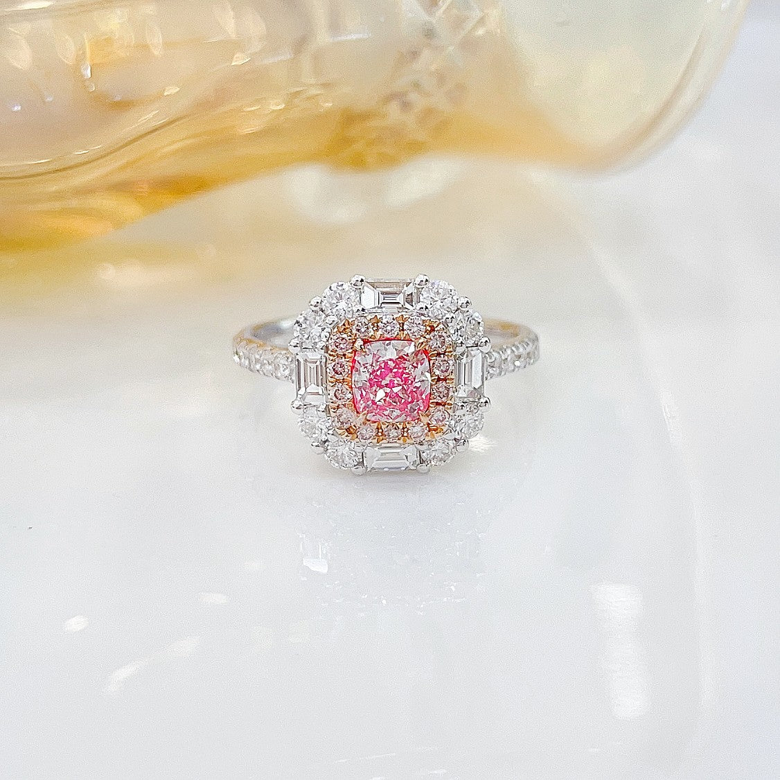 18K Pink Diamond Cushion-Shaped Halo Ring - Premium Jewelry - Pink Diamond Ring