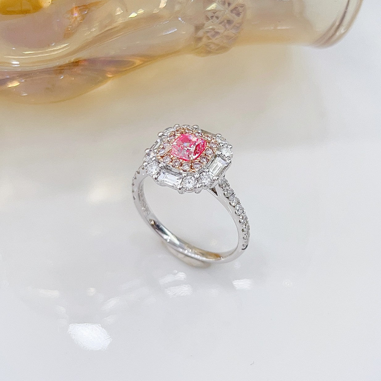 18K Pink Diamond Cushion-Shaped Halo Ring - Premium Jewelry - Pink Diamond Ring