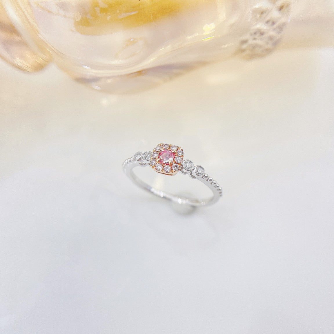 18K Pink Diamond Cushion-Shaped Halo Ring - Premium Jewelry - Pink Diamond Ring