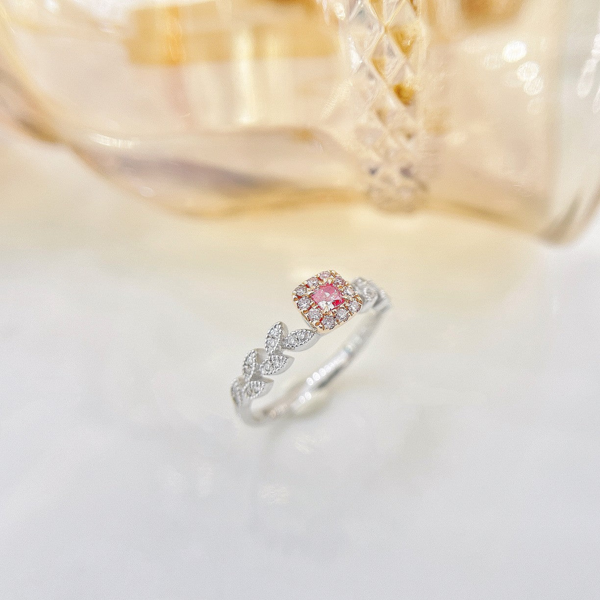 18K Pink Diamond Cushion-Shaped Leaf Ring - Elegant Jewelry Piece - Pink Diamond Ring