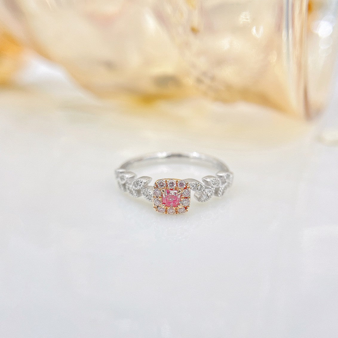 18K Pink Diamond Cushion-Shaped Leaf Ring - Elegant Jewelry Piece - Pink Diamond Ring