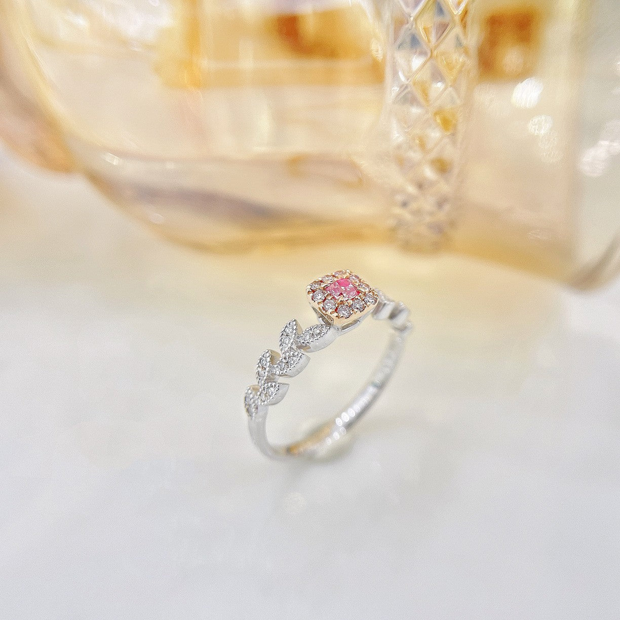 18K Pink Diamond Cushion-Shaped Leaf Ring - Elegant Jewelry Piece - Pink Diamond Ring