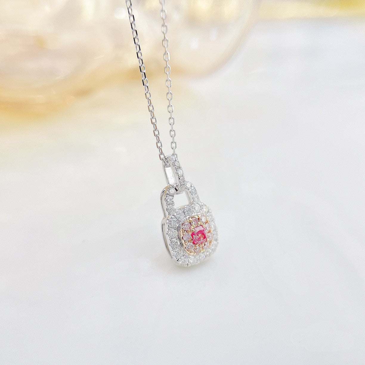 18K Pink Diamond Cushion-Shaped Lock Pendant Necklace - Pink Diamond Necklace