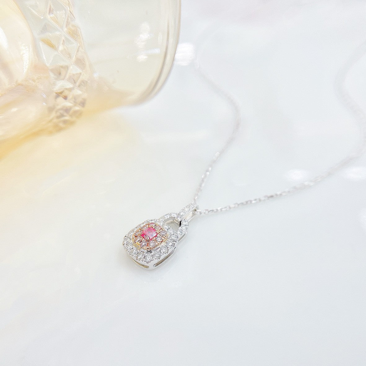 18K Pink Diamond Cushion-Shaped Lock Pendant Necklace - Pink Diamond Necklace