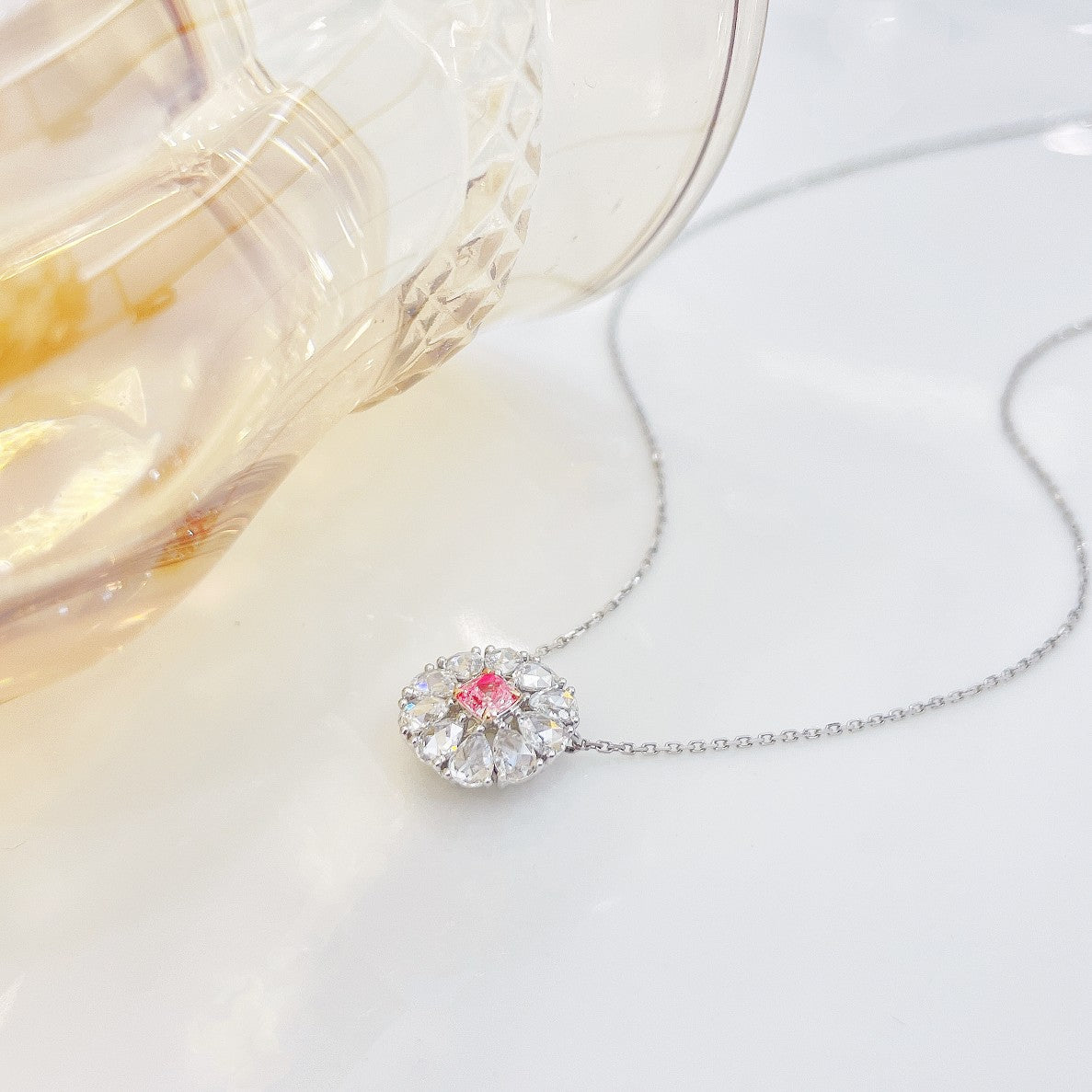 18K Pink Diamond Cushion-Shaped Pendant with Teardrop Accent Jewelry - Pink Diamond Necklace