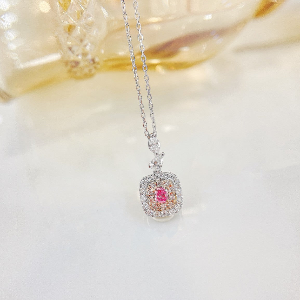 18K Pink Diamond Cushion Teardrop Marquise Clasp Necklace - Luxury Jewelry - Pink Diamond Necklace