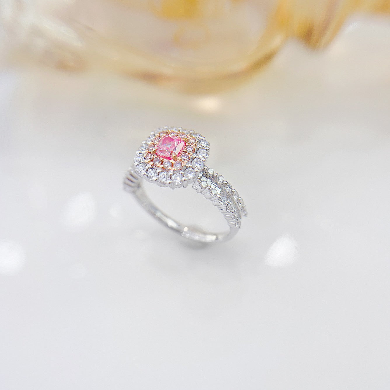 18K Pink Diamond Cushion Trapezoid Shoulder Ring | Premium Jewelry - Pink Diamond Ring