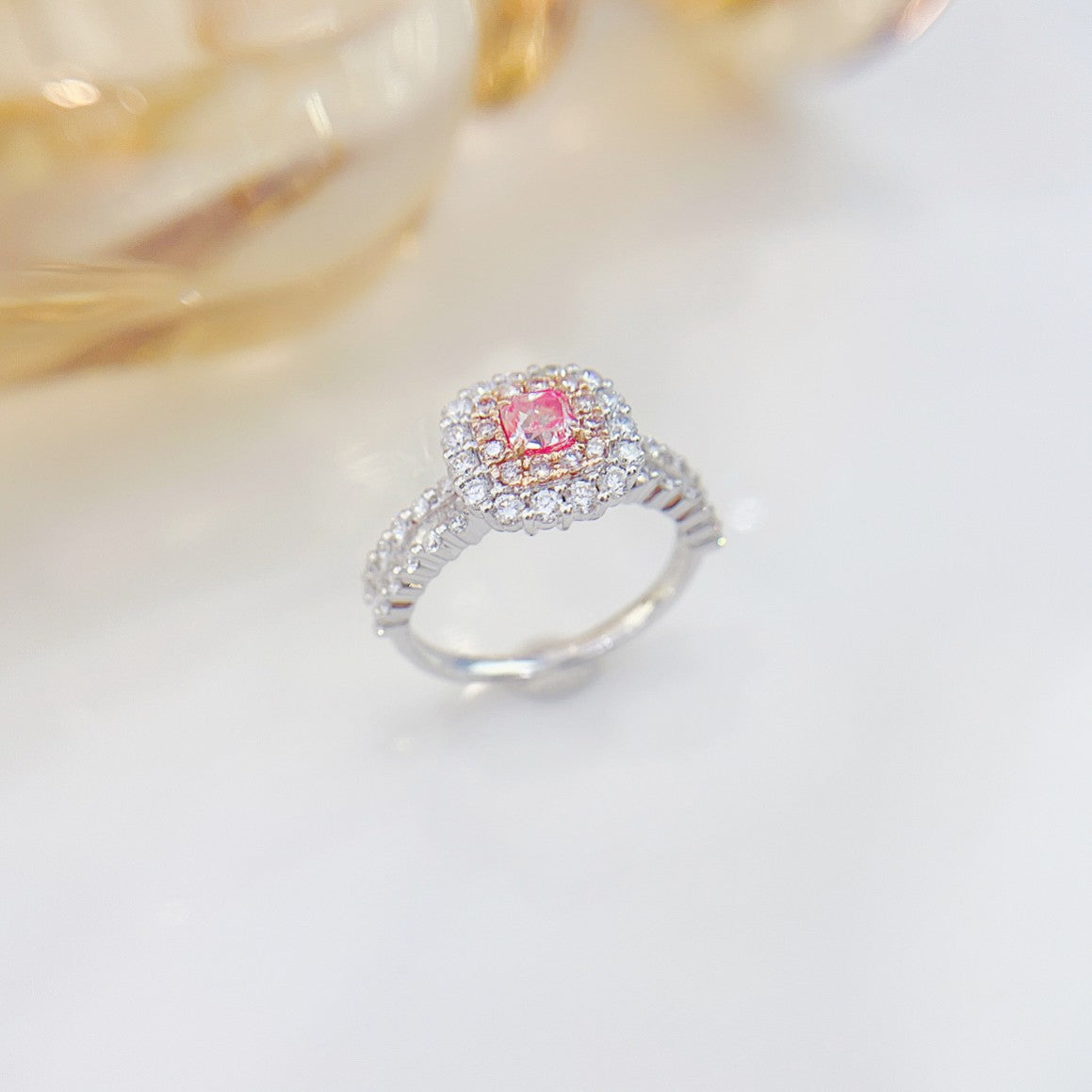 18K Pink Diamond Cushion Trapezoid Shoulder Ring | Premium Jewelry - Pink Diamond Ring