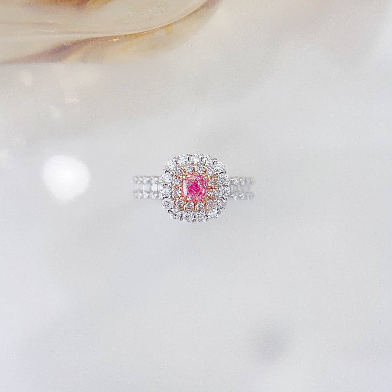 18K Pink Diamond Cushion Trapezoid Shoulder Ring | Premium Jewelry - Pink Diamond Ring