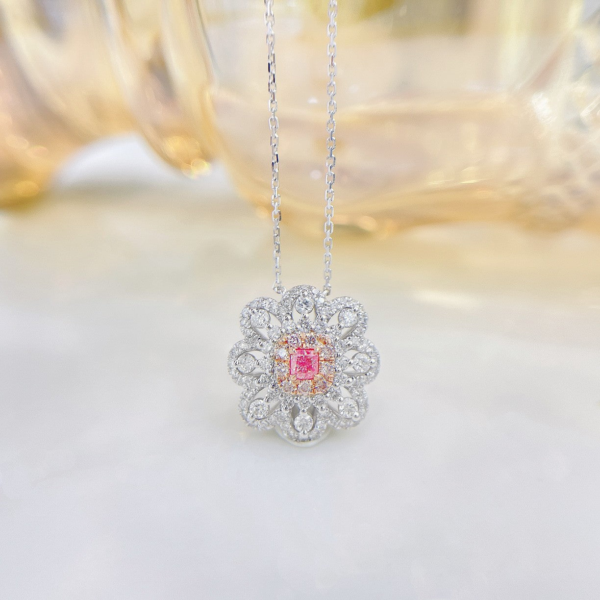 18K Pink Diamond Cushion Wave Edge Necklace | Luxury Jewelry - Pink Diamond Necklace