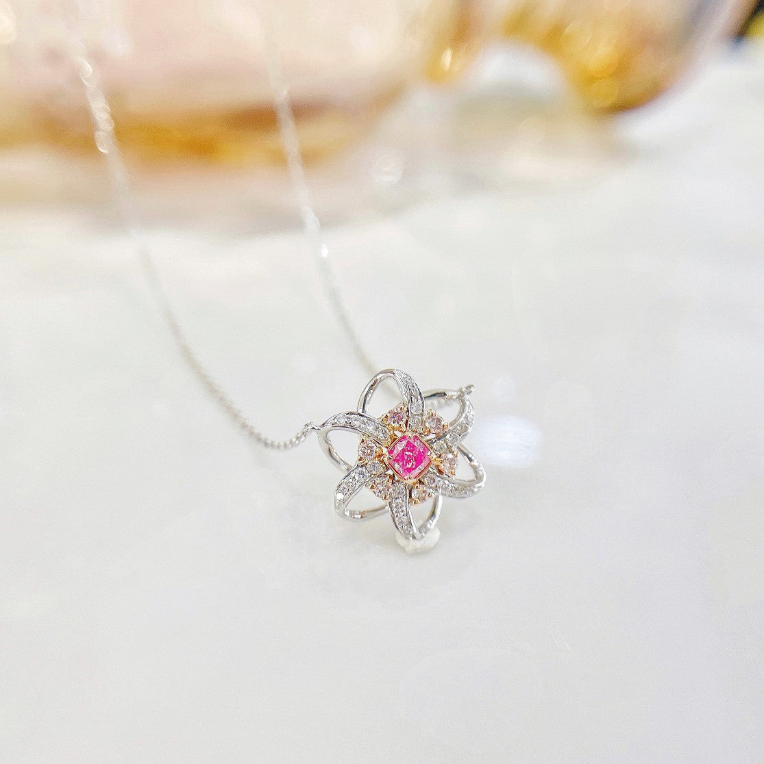 18K Pink Diamond Cushion Windmill Necklace - Elegant Jewelry Piece - Pink Diamond Necklace