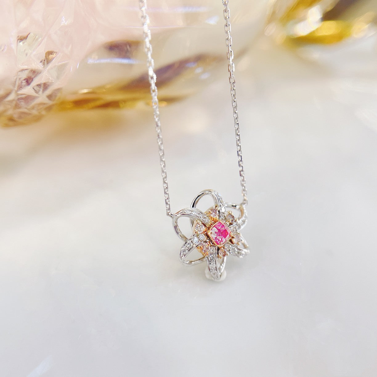 18K Pink Diamond Cushion Windmill Necklace - Elegant Jewelry Piece - Pink Diamond Necklace