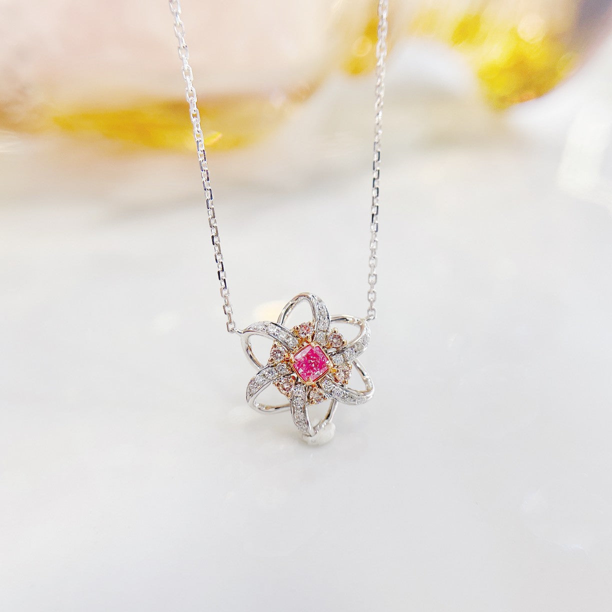 18K Pink Diamond Cushion Windmill Necklace - Elegant Jewelry Piece - Pink Diamond Necklace