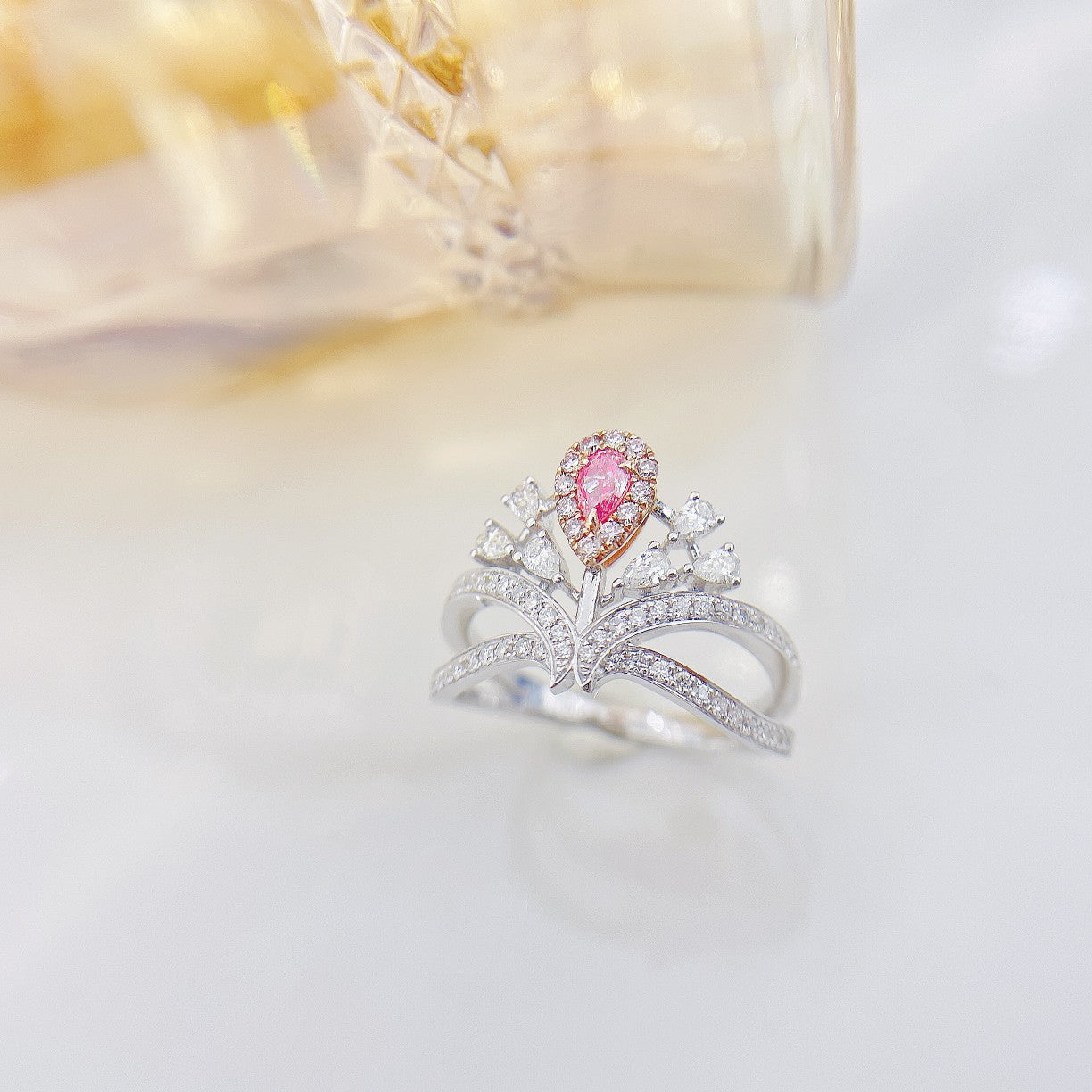 18K Pink Diamond Delicate Crown Ring - Jewelry Treasure - Pink Diamond Ring