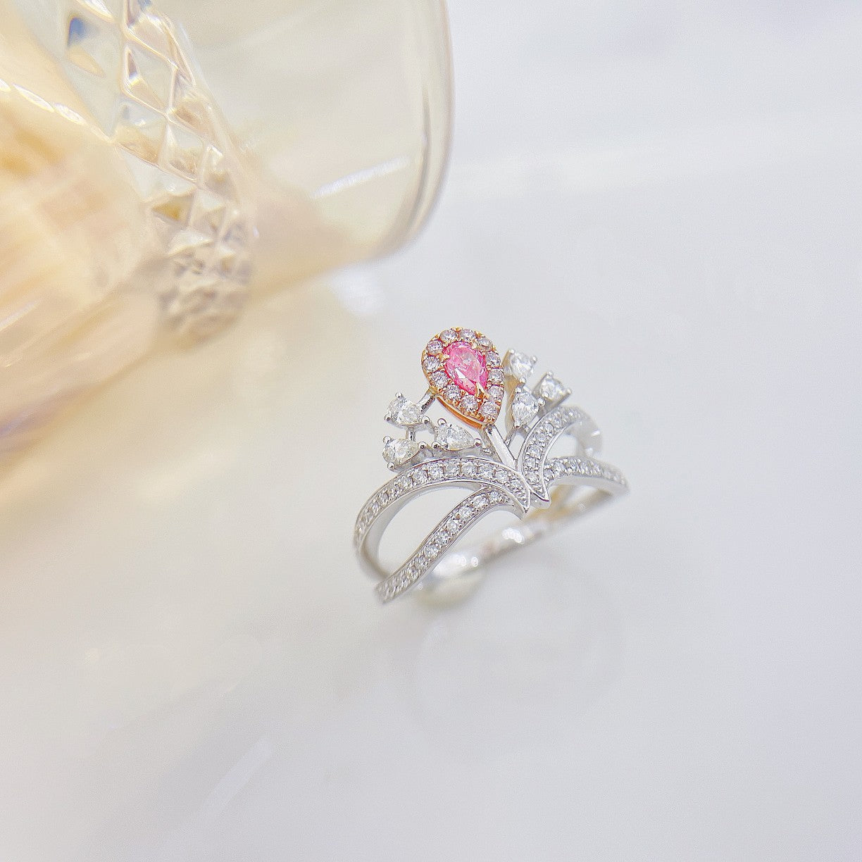 18K Pink Diamond Delicate Crown Ring - Jewelry Treasure - Pink Diamond Ring