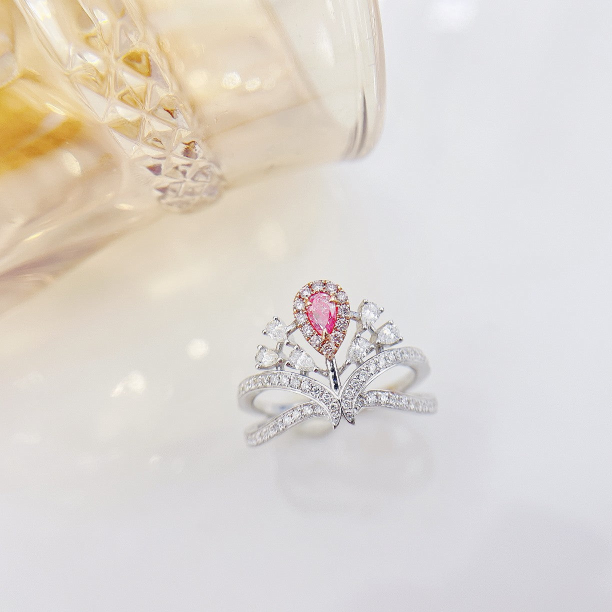 18K Pink Diamond Delicate Crown Ring - Jewelry Treasure - Pink Diamond Ring