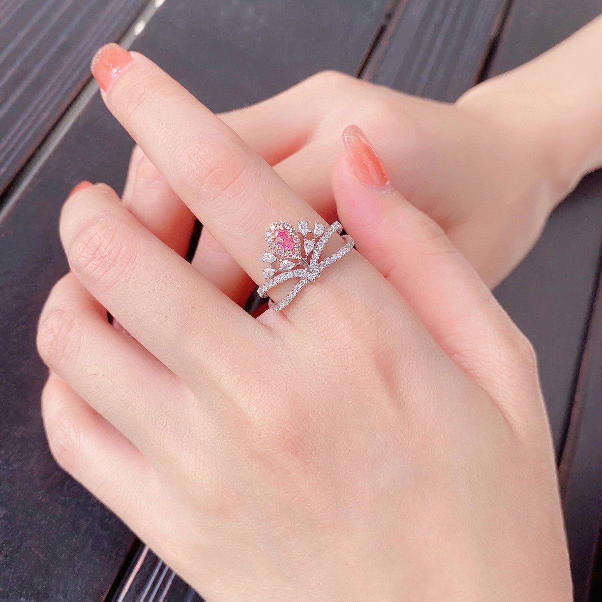 18K Pink Diamond Delicate Crown Ring - Jewelry Treasure - Pink Diamond Ring