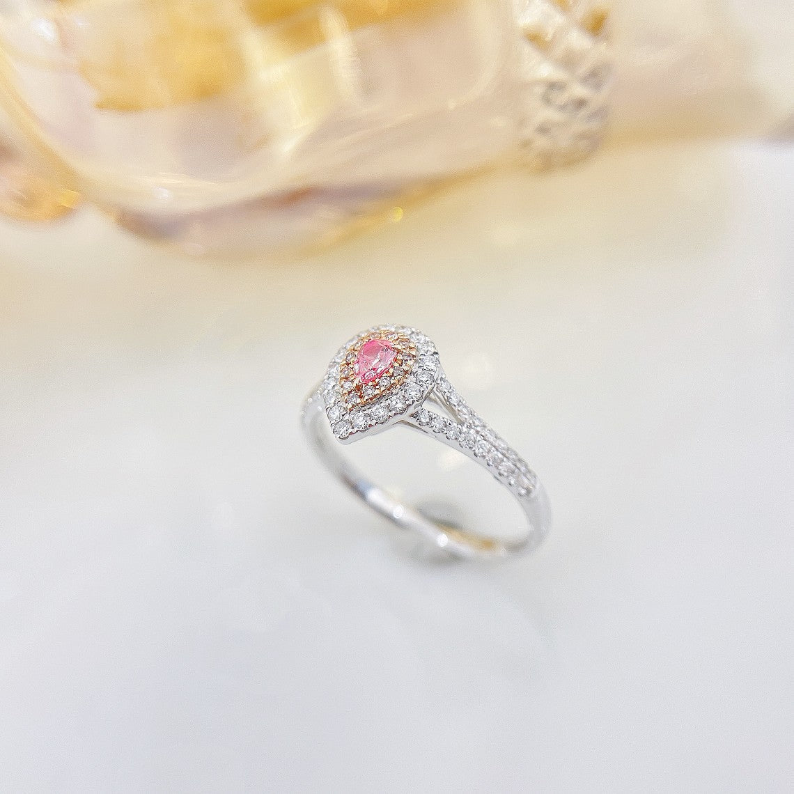 18K Pink Diamond Delicate Drop Ring - A Sparkling Jewelry Gem - Pink Diamond Ring