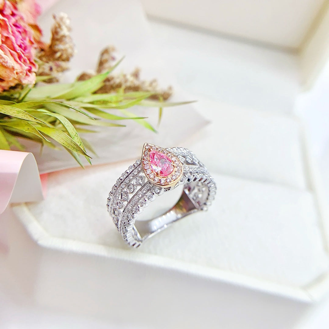 18K Pink Diamond Delicate Drop Ring with Surrounding Diamonds - Pink Diamond Ring