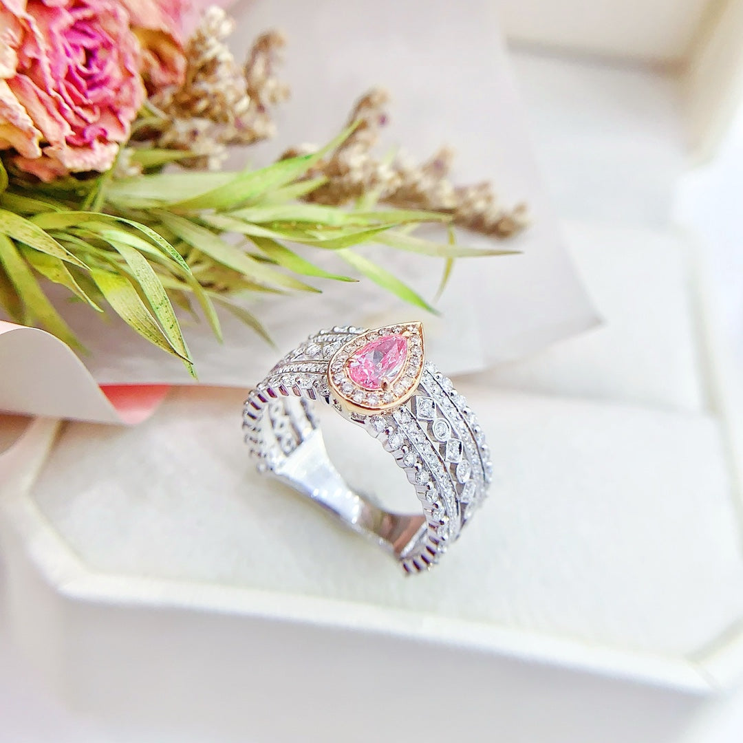 18K Pink Diamond Delicate Drop Ring with Surrounding Diamonds - Pink Diamond Ring