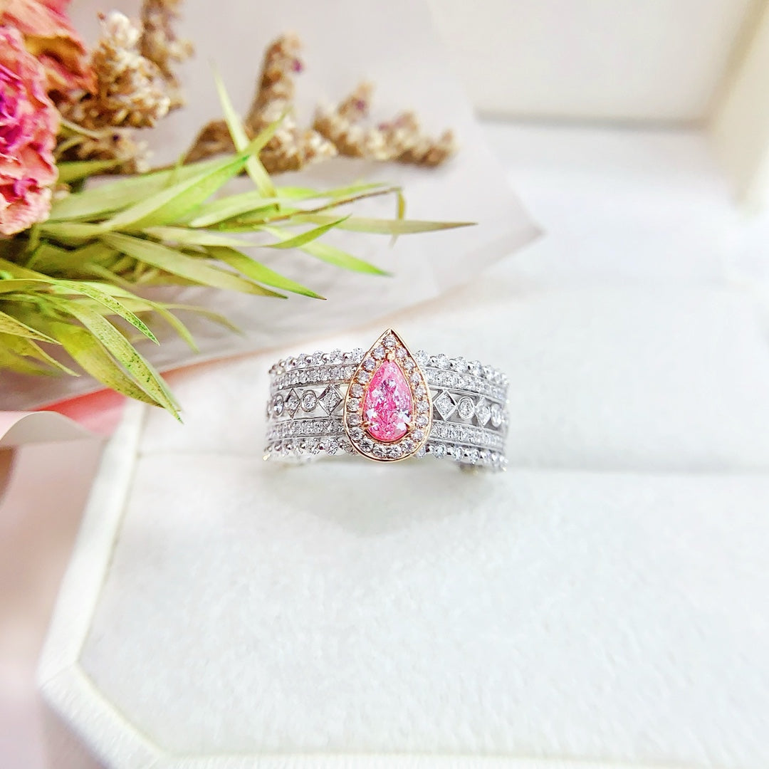 18K Pink Diamond Delicate Drop Ring with Surrounding Diamonds - Pink Diamond Ring