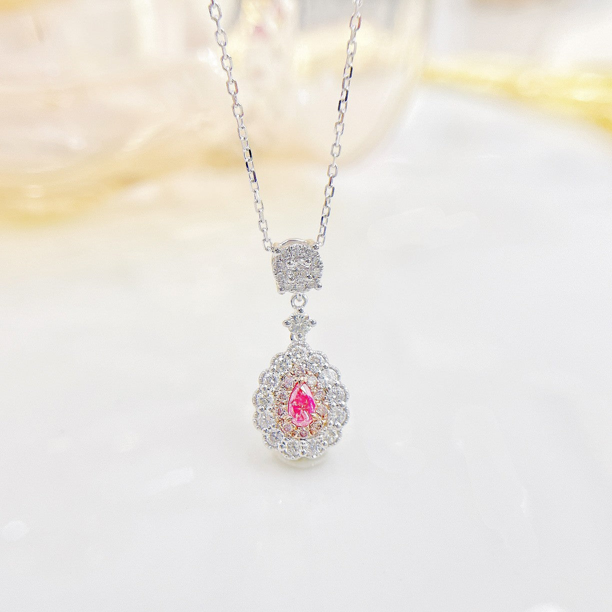 18K Pink Diamond Dewdrop Sweet Necklace | Premium Jewelry - Pink Diamond Necklace