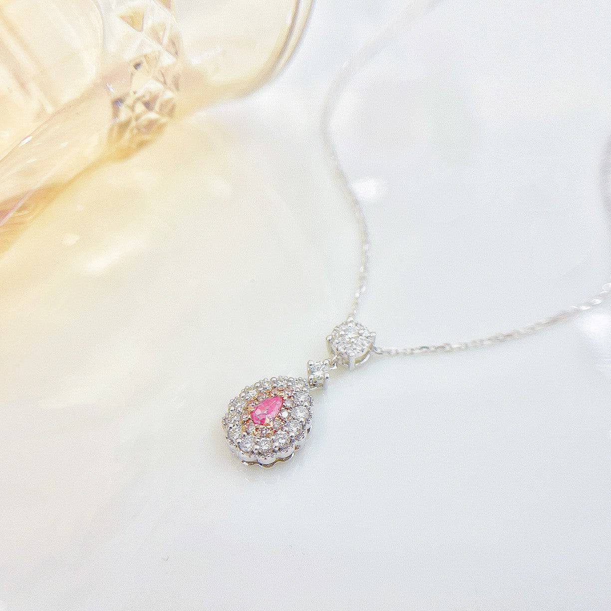 18K Pink Diamond Dewdrop Sweet Necklace | Premium Jewelry - Pink Diamond Necklace