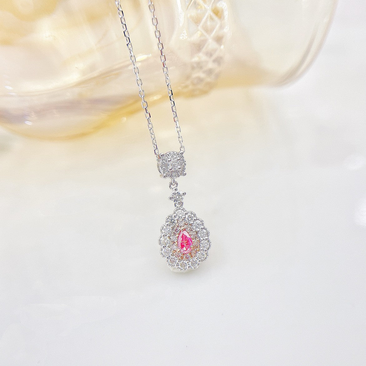 18K Pink Diamond Dewdrop Sweet Necklace | Premium Jewelry - Pink Diamond Necklace