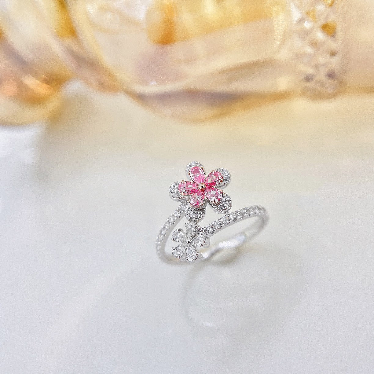 18K Pink Diamond Double Flower Drop Ring - Luxury Jewelry - Pink Diamond Ring