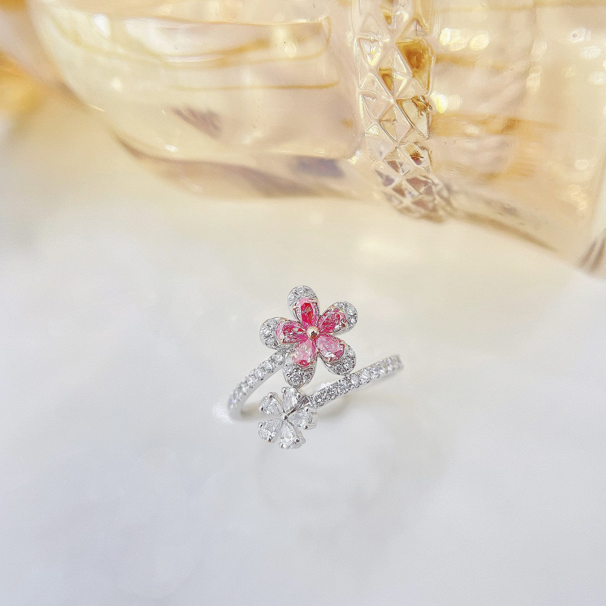 18K Pink Diamond Double Flower Drop Ring - Luxury Jewelry - Pink Diamond Ring