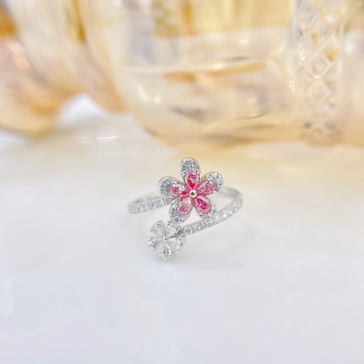 18K Pink Diamond Double Flower Drop Ring - Luxury Jewelry - Pink Diamond Ring