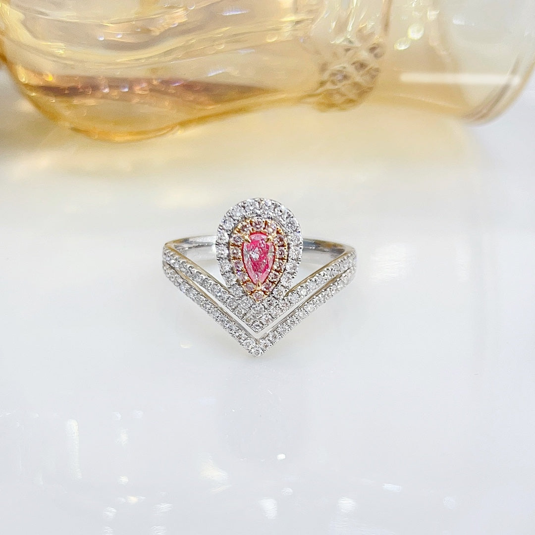 18K Pink Diamond Double V Drop Ring - Luxurious Jewelry Piece - Pink Diamond Ring