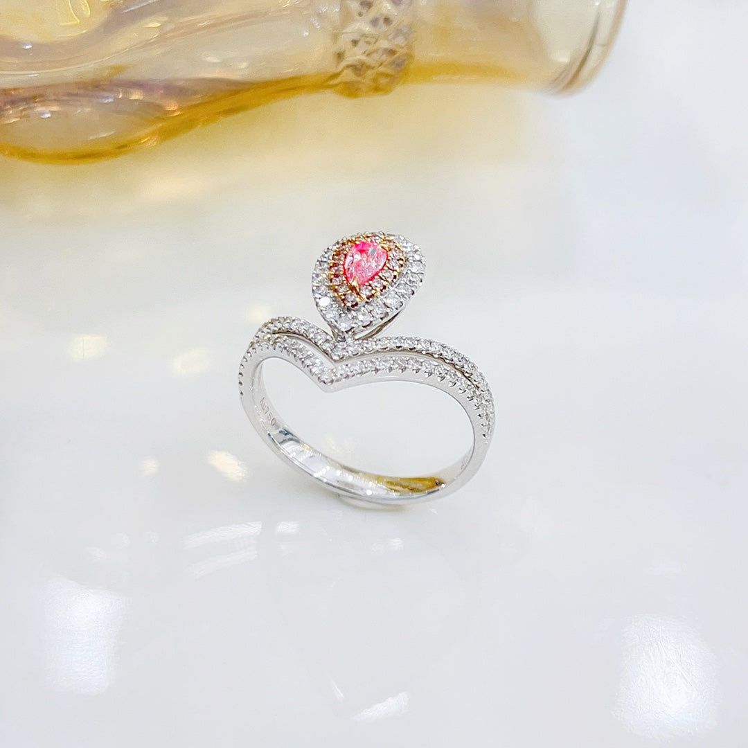 18K Pink Diamond Double V Drop Ring - Luxurious Jewelry Piece - Pink Diamond Ring