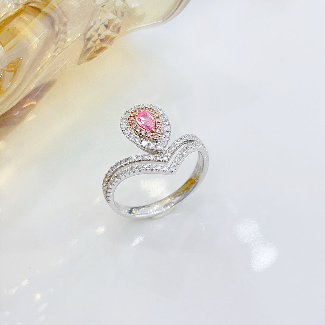 18K Pink Diamond Double V Drop Ring - Luxurious Jewelry Piece - Pink Diamond Ring