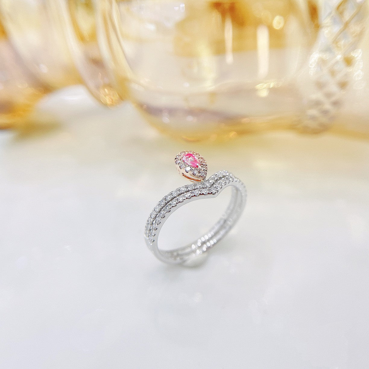 18K Pink Diamond Double V Two-Way Wearable Ring - Exquisite Jewelry - Pink Diamond Ring